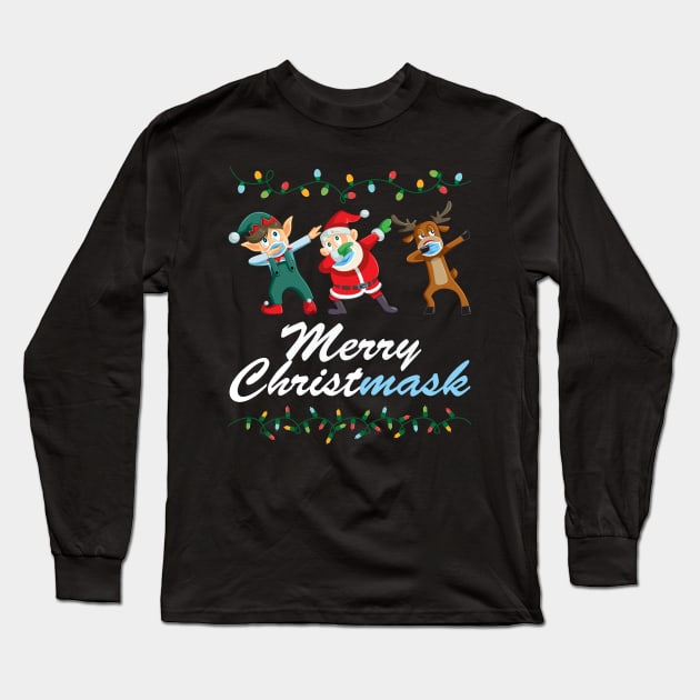 Funny Christmas 2020 Santa Elf Reindeer Dabbing Wearing Mask Gift Long Sleeve T-Shirt by nvqdesigns